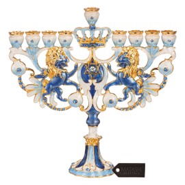 Matashi Hand-Painted Spinning Dreidel Holiday Ornament & Blue-Ivory Regal Lion Menorah Candelabra (Pewter) with Gold Accents and Crystals Jewish Candle Holder Hanukkah Gift Jewish Decor