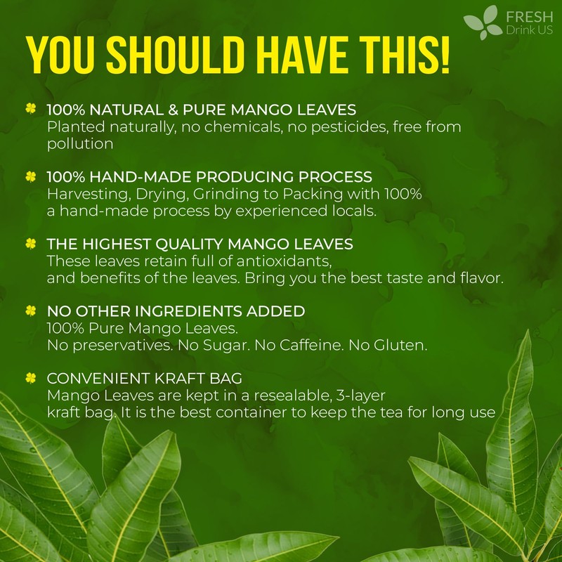 FreshDrinkUS, Premium 60+ Mango Whole Leaves Dried, 100% Natural &
