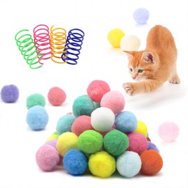 BaiKevin 30 Pcs Premium Silent Cat Pom Pom Balls, Interactive Lightweight Assorted Colors Fuzzy Toy Balls (1.2 inches), with 4 Pcs Cat Spring Toy for Indoor Kitten Playing Exercising