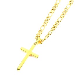 FZTN Jewelry Gold Cross Necklace for Men Women Teen Boys 24 Inch Flat Figaro Chain Necklace 18K Gold Plated Stainless Steel Fashion Jewelry
