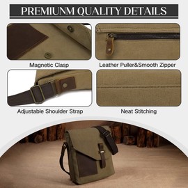 VASCHY Man Bag, Water Resistant Small Messenger Bag Shoulder Bag Vintage Canvas Leather Cross Body Bag with Multi-Pockets(Khaki)
