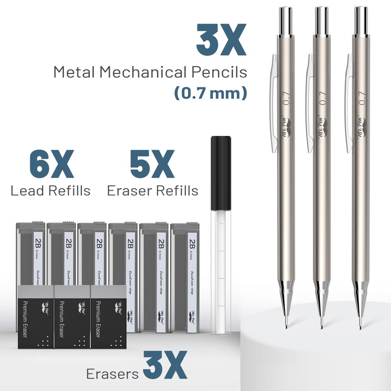 Mr. Pen Metal Mechanical Pencil Set, 0.7mm, 3 Pack, Fine