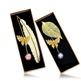 Gibaniza Book Lovers Gifts, Stockings Stuffers for Mens Women,Metal Bookmarks,2 Pack Fancy Feather Leaf Book Mark with Butterfly for Book Lovers Christmas