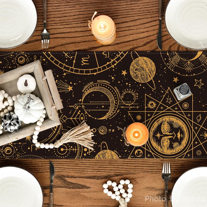 Artoid Mode Black Gold Astrology Occult Moon Magic Table Runner,