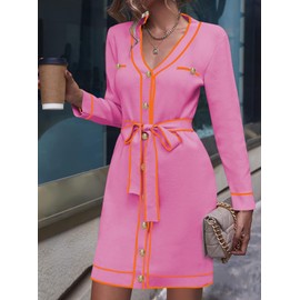 Pink Queen Women's Long Sleeve Button Down Mini Dress Elegant V Neck Open Front Color Block Knit Sweater Cardiagns with Belt Womens Work Dresses Fuchsia Pink M