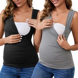 MARI GABRIEL Womens 2 Pack Crossover Ruched Maternity Sleeveless Basic Shirt Breastfeeding Tank Nursing Tops Large Black&Gray