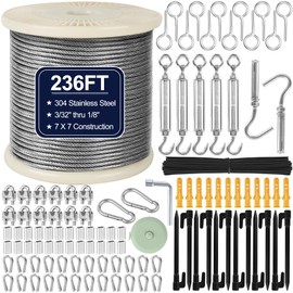 phepetroll 1/8" Wire Rope Kit 236FT Stainless Steel Aircraft Cable with M5 Turnbuckles, 7x7 Strand Core Vinyl Coated Guy Wire Tensioner Kit for Garden String Light, Pictuer, Clothes, Curtain Hanging