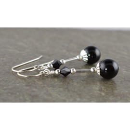 Black Onyx, Jet Crystal & Sterling Silver Hook Drop Earrings with Gift Box