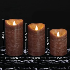 7LinRay Brown Flameless Candles with Remote, Real Wax Battery Operated LED Candles, Flickering Flameless Pillar Candles for Wedding, Festival, Set of 3