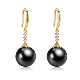 JAXXEL Black Pearl Dangle Earrings, 18K Gold Plated Fishhook Pearl Drop Earrings with CZ Diamond, 5A+ Cubic Zirconia Pearl, 12MM