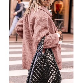 PRETTYGARDEN Women's Winter Faux Fur Coats Long Sleeve Lapel Button Down Pockets Fleece Sherpa Jacket Casual Trendy Outerwear (Pink,Large)