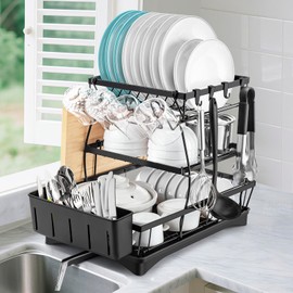 Dish Drying Rack for Kitchen Counter - 3 Tiers Stainless Steel Over Sink Dish Drainers, Space Saving Detachable Large Countertop Organizer with Utensil Holder, Cutting Board Rack (Black)