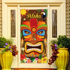 Aloha Door Cover Tiki Wall Hanging Decor for Summer Aloha Luau Party Front Door Banner Porch Sign for Indoor Outdoor Decorations Hawaiian Luau Party Supplies Photo Backdrop, 35.4 x 70.9 Inch