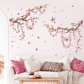 Cherry Blossom Tree Branch Wall Decals Pink Peach Flower Wall Stickers Peel and Stick Spring Floral Birds Wall Art Decor for Girls Bedroom Living Room Kitchen Sofa TV Backdrop Wall Decoration