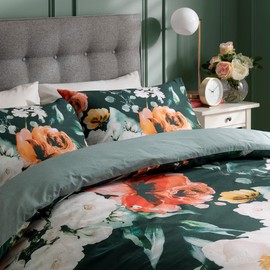 Sleepdown Painted Large Floral Bloom Green White 100% Cotton Duvet Cover Quilt and Pillow Case Bedding Set Soft Easy Care-Single (135cm x 200cm)
