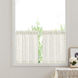 PONY DANCE Short Curtains for Kitchen Window Panel Curtains with Rod Pull Country House Style Curtains Set of 2 W 60 x H 45 cm Curtain Cream Semi-Transparent Curtains Linen Look Light Beige