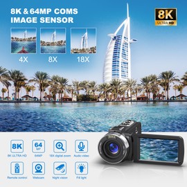 GTYOLOR 8K Video Camera Camcorder, 64MP IR Night Vision Vlogging Camera,18X Zoom 3.0“ LCD Flip Touch Screen Camcorder for YouTube with WiFi, 64G SD Card, Remote Control, 4500mAh Battery