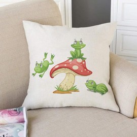 VERSUSWOLF Throw Pillow Covers for Couch 3 Frogs On Mushroom Bed Or Sofa Pillows Case Cartoon Cute Leap Adorable Amphibian Animal Green Red Spots Decorative Square Linen Cushion Covers 18"X18"