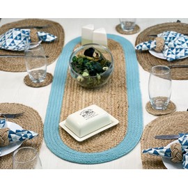 CHARDIN HOME Verona Oval Woven Jute & Cotton Braided Table Runner, Size -13 x 36 Inches, Color - Natural Jute with Aqua Border