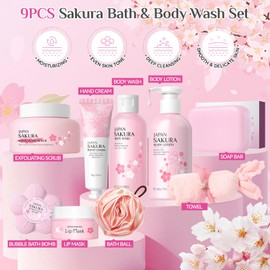 9Pcs Bath and Body Gift Set for Women & Girls, Cherry Blossom Bath and Body Gift Set with Body Wash, Lotion, Soap, Bath Bomb, Scrub, Hand Cream & Lip Mask, Home Spa Gift Set for Women Christmas Gifts