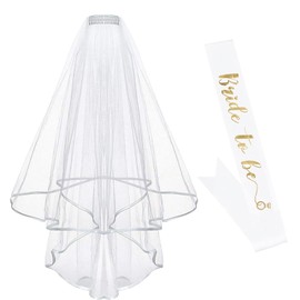 XUNQUCOM Women Bride To Be Printed Sash With Shoulder Length Veil Party Set (White Gold)