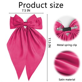 2Pcs Rose Red Pink Hair Bows Long Tail Satin Bow Hair Clips Large Silky Ribbon Bow for Hair Ponytail Holder with Metal Clip Coquette Wedding Hair Barrettes Accessories Gifts for Women Girls