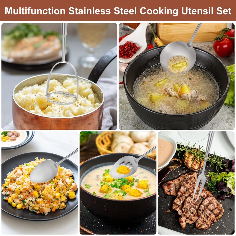 304 Stainless Steel Cooking Utensils Set, 10pcs Long Metal Kitchen