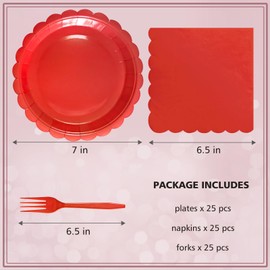 WYQJHKV Red Paper Plates and Napkins,7 Inch Red Scalloped Disposable Dessert Plates Paper Napkin Fork Party Supplies for Wedding Baby Shower Birthday(25 Guest)