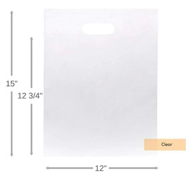 100 Clear Handle Bags 12x15, Extra Thick 2.25 Mil Retail Plastic Shopping Merchandise Gift Bags Tear Resistant Strong Durable Anti Stretch For Small Business LDPE Die Cut, ClearBags, 100% Recyclable