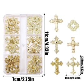 60 Pieces Cross Nail Charms for Nail Art, 3D Metal Crystal Cross Nail Decorations, Alloy Nail Rivets and Rhinestones for Women Girls DIY Jewellery Craft Accessories (B-Gold)