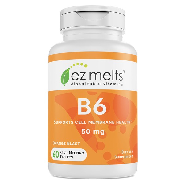 EZ Melts B6 as Pyridoxine, 50 mg, Sublingual Vitamins, Vegan, Zero Sugar, Natural Orange Flavor, 60 Fast Dissolve Tablets
