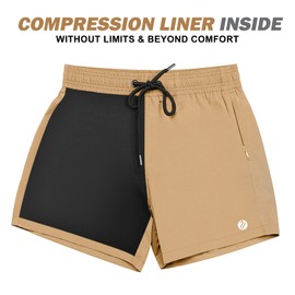 BRISIRA Mens Swim Trunks Swim Shorts Quick Dry 5 inch Inseam Beach Shorts with Compression Liner and Zipper Pocket Khaki