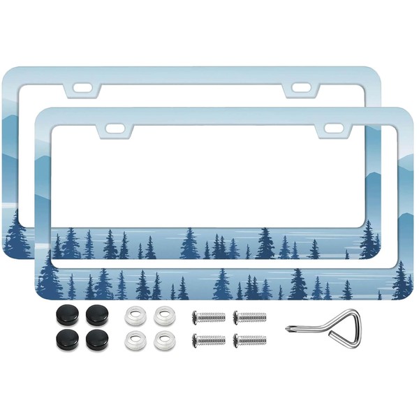 Silhouette of Forest and Mountains License Plate Frames -Premium Stainless