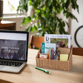 DINGTAI Rattan Desk Organizer, Tabletop Mail Holder, 5 Slot Mail Organizer Countertop Basket, Rattan Office Supplies, Boho Office Desk Accessories, Wicker Desk Organizer, Magazine Holder（Wicker）