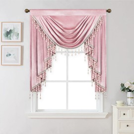 VOGOL Pink Velvet Waterfall Valance, 39 Inch Wide European Style Soft Touch Decorative Drapes for Living Room, Light-Filtering Rod Pocket Window Curtain for Home Office, 1 Panel