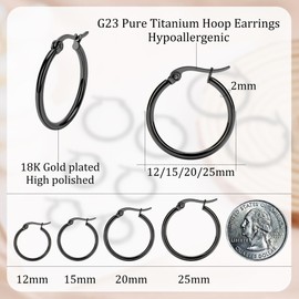 Staligue 4Pairs Titanium Hoop Earrings for Sensitive Ears Thin Hypoallergenic Titanium Earrings Hoops for Women Men Lightweight G23 Small Huggie Hoop Earrings 12MM 15MM 20MM 25MM (Black)