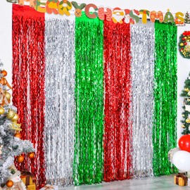 LOLStar 3 Pack Christmas Foil Fringe Curtains Christmas Party Decoration 3.3X6.6 ft Red Silver Green Wavy Tinsel Fringe Party Photo Backdrop Streamer Backdrop for Christmas,New Year,Ugly Sweater Party