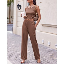 Ekouaer Women's 3 Piece Knit Lounge Set Pajama Long Sleeve Cardigan Sleeveless Top Pants Sweatsuit,Brown,X-Large