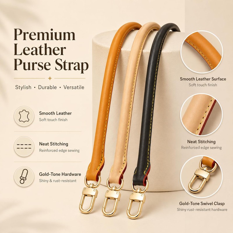 Genuine Leather Short Shoulder Strap Replacement, Brown Rolled Handle Compatible