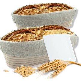 Fermentation Basket Incl. Dough Scraper – The Ideal Fermentation Basket for Bread Dough, Made of Natural Wicker (Round / Diameter 22 - 25 cm) – with Linen Insert