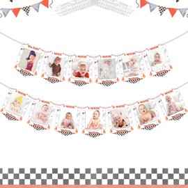 Jollyboom Racing Car Birthday Banner for Boys, Red Vintage Race Car Decoration, Pre-strung NO DIY From Newborn to 12 Months for 1st Birthday Party