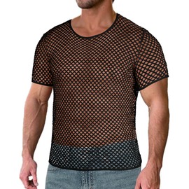 Men's Mesh Shirts Fishnet Fitted See Through Top Short Sleeve Cover Up(Black,XL)
