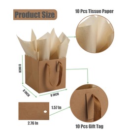 IN-JOOYAA 10 Pcs Kraft Brown Square Gift Bags with Tissue Paper Small Size Solid Party Favor Bags with Handles for Gift Giving (8x8x8 In, Kraft Brown)