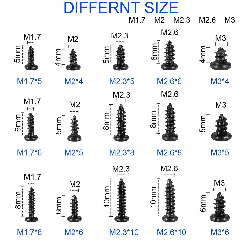 HanTof 750 Pcs Small/Micro/Tiny/Mini Self-Tapping Screws, M1.7-M3 Phillips Pan Head,