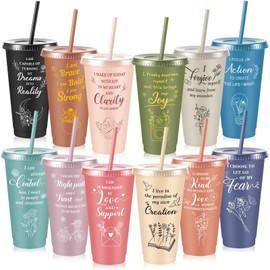 Skylety 12pcs Positive Daily Affirmations Cup Inspirational Gifts Mental Health Gifts Motivational Tumbler Travel Mugs Self Love Drinking Tumbler Plastic Cups with Lids Straws for Women Party