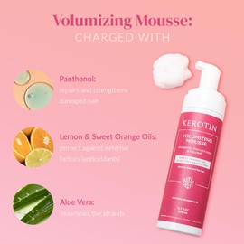Kerotin Volumizing Mousse, Root Volumizer, Hair Thickening Styling Foam for Volume, Texture & Body, Tames Frizz & Flyaways, Ideal for Fine and Thin Hair, Cruelty Free, Made in the USA