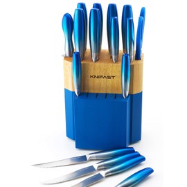 Knife Set With Block, KNIFAST Full Tang 17-Pieces Kitchen Knife Set With Block Wooden German Stainless Steel Cutlery With Knife Sharpener & 6 Steak Knives (Blue)