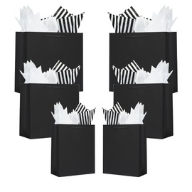 Offizon 12 Pcs Black Gift Bags, Paper Bags with Mixed Tissue Paper (4 Small 6", 4 Medium 8.7", 4 Large 12.6"), Kraft Paper Bags with Handles for Birthdays and Holidays