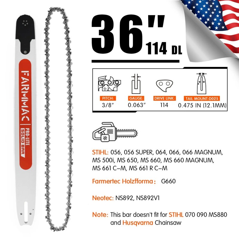 Farmmac 36'' Chainsaw Bar Chain 3/8'' 0.063'' 114DL For STIHL