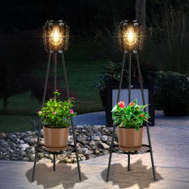 MXwcy 2 Pack Solar Lights Outdoor with Plant Stands, Solar Floor Lamp with LED Edison Bulbs for Garden Yard Pathway Driveway Front/Back Porch Decoration
